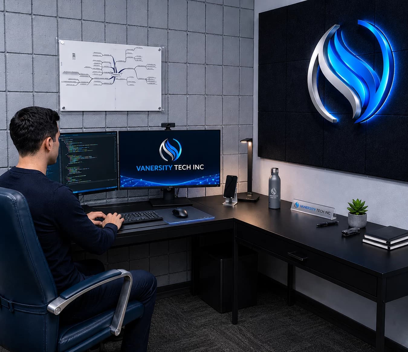 A Vanersity Tech engineer working at a dual-monitor development workstation
